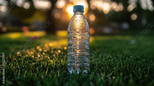 Refreshing Hydration Concept: Plastic Bottle on Green Lawn