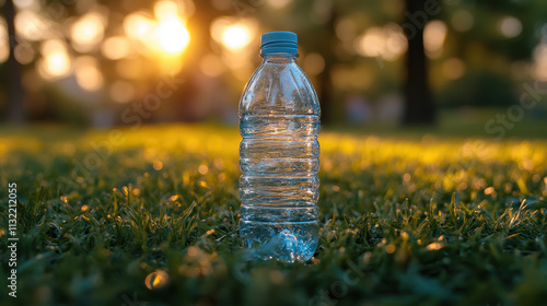 Refreshing Recyclable Plastic Bottle on Green Lawn, Eco-Friendly Lifestyle Concept