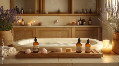 Wallpaper Mural A serene bathroom scene featuring a soaking tub, candles, and spa products for relaxation. Torontodigital.ca