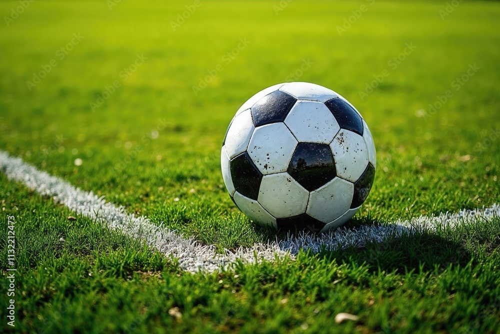 Fototapeta premium soccer ball on grass field near penalty area corner line. Sports, energy, and teamwork concept. Ideal for football event promotions, sports publications, and branding