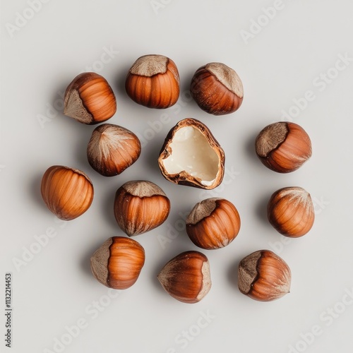 Wallpaper Mural A minimalist arrangement of hazelnuts with one cracked shell revealing the nut inside. Torontodigital.ca