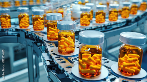 Pharmaceutical and Beverage manufacturing concept. Efficient pharmaceutical factory with yellow capsules in bottles