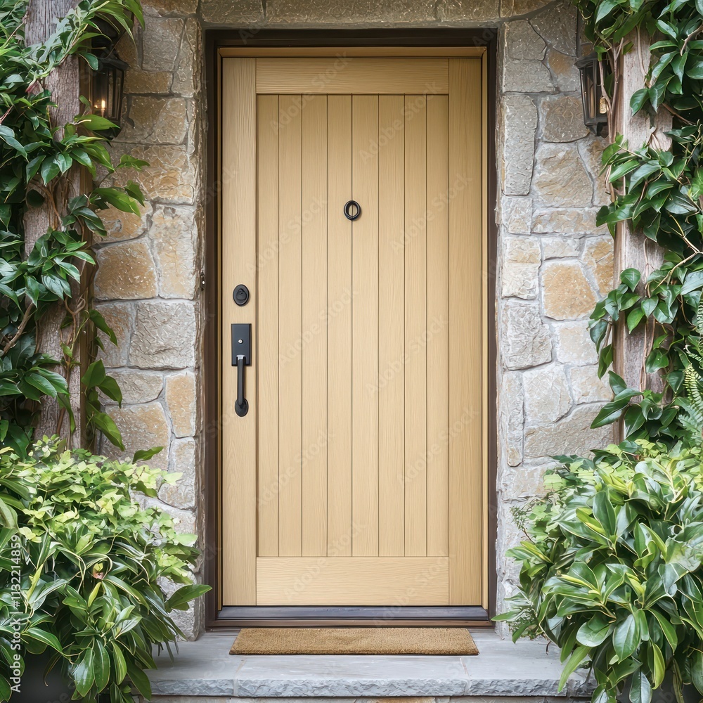 Light wood front door with vertical grain framed by neutral stone and vibrant plants.