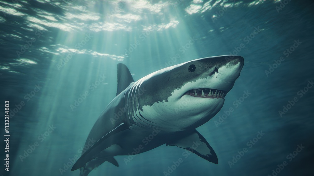 Fototapeta premium Great white shark swimming in clear blue water, sharp teeth exposed, sunlight filtering through the ocean surface, an apex predator on the move 