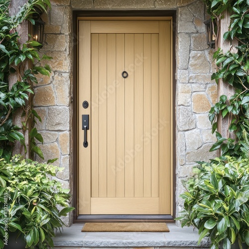 Obraz na płótnie Light wood front door with vertical grain framed by neutral stone and vibrant plants. w salonie
