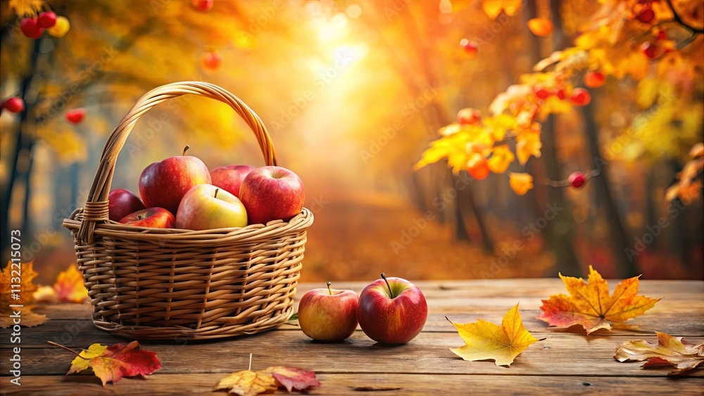Autumn Harvest A wicker basket overflowing with ripe red and yellow apples sits on a rustic wooden table, surrounded by vibrant fall foliage. Autumn Harvest A wicker basket overflowing with ripe red and yellow apples sits on a rustic wooden table, surrounded by vibrant fall foliage.