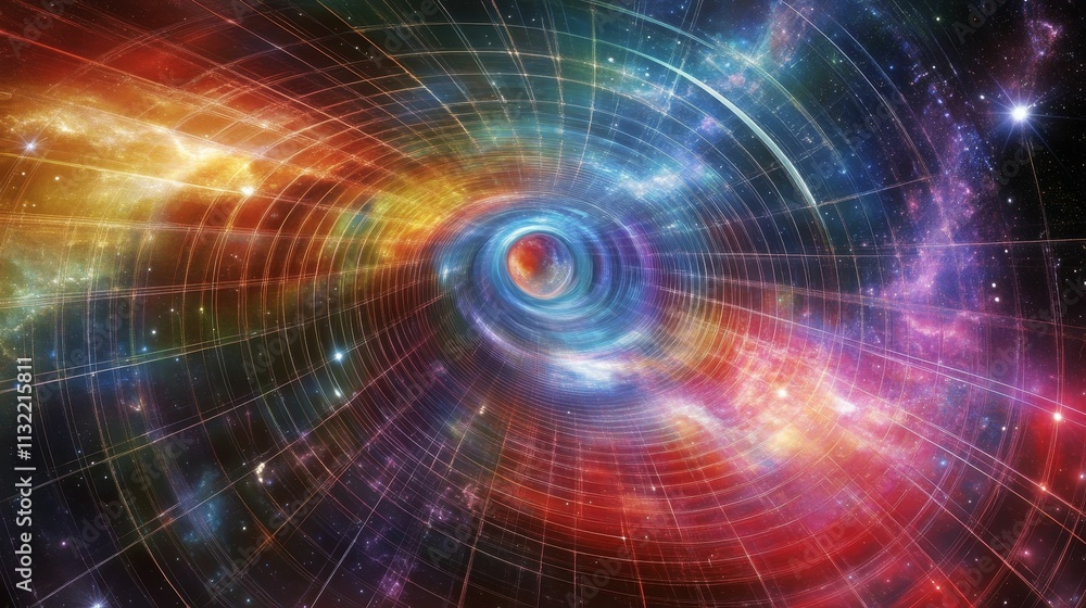 Obraz premium Cosmic tunnel; vibrant nebula; gridded spacetime.