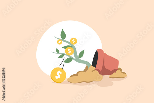 Financial Failure. Fallen Dollar Tree with Broken Pot Illustration