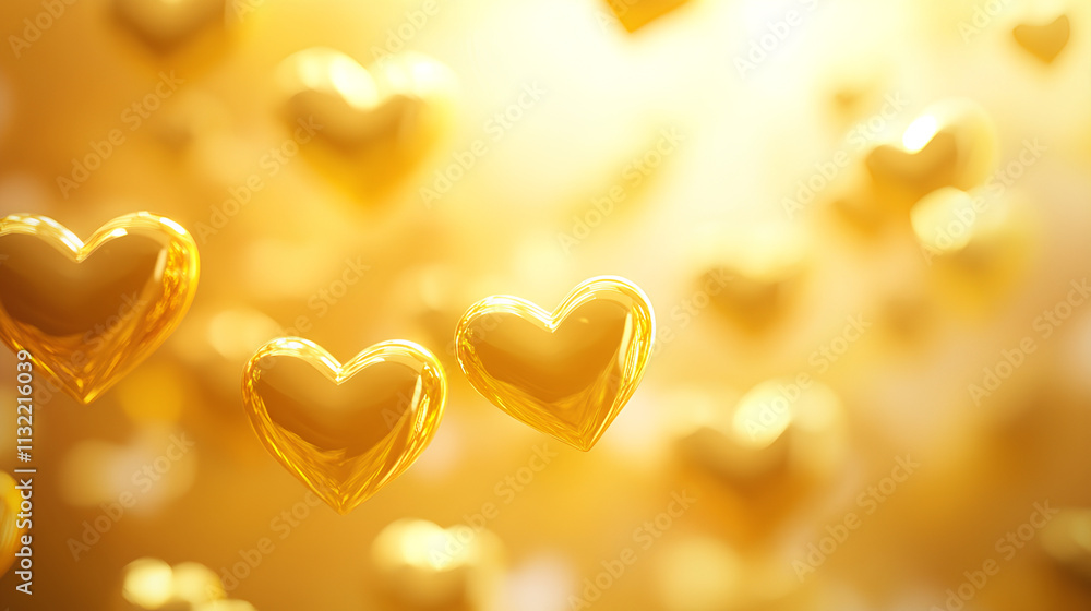 Fototapeta premium Golden heart-shaped bokeh lights on a romantic yellow background with a festive and warm feel perfect for Valentine's Day, love, and celebration
