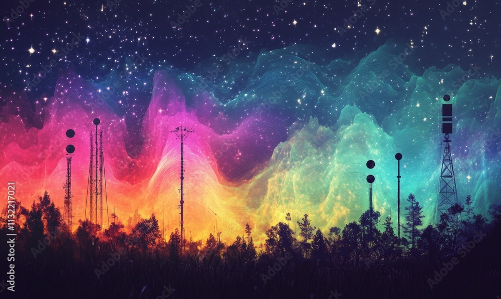 Obraz premium Silhouetted towers, trees, colorful nebula backdrop.