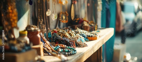 Wallpaper Mural Artisan showcasing secondhand jewelry and accessories at a small booth, natural light, Torontodigital.ca