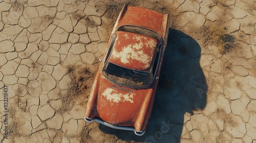 An old car, once vibrant, is now rusted and fading in the heart of the desert. The dry, cracked earth around it remains untouched, photo