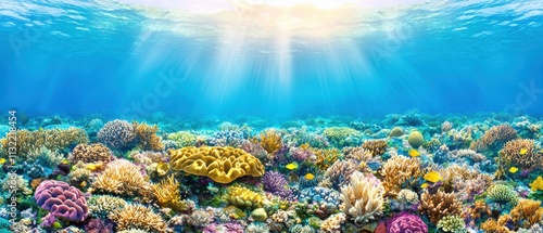 A vibrant underwater scene showcasing a colorful coral reef illuminated by sunlight filtering through the water. photo