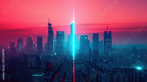 Futuristic Cityscape at Dusk with Neon Lights and Dramatic Sky Colors Over Tall Skyscrapers and Urban Landscape