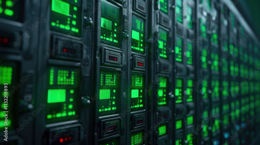 Fototapeta premium Close-up View of Modern Server Rack with Illuminated Green LED Displays in Data Center Environment