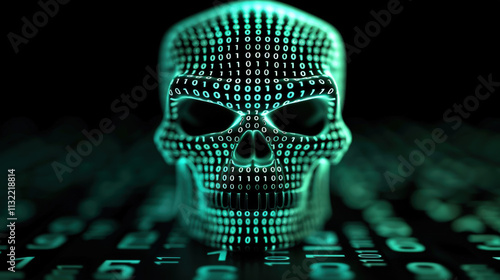 Digital Skull with Binary Code in Green Lights Representing Cyber Security and Data Protection Concept