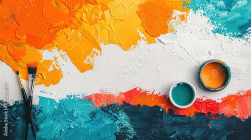 Colorful Abstract Art Background with Paint Swatches, Brushes, and Paint Pots for Creative Projects