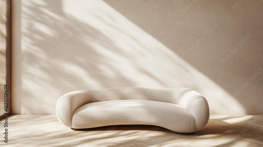 Beige Sofa In Minimalist Room Sunlight Streaming Through Window Beige Sofa In Minimalist Room Sunlight Streaming Through Window