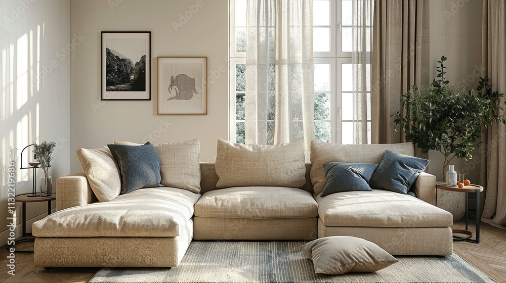 Fototapeta premium Modern beige sectional sofa in sunlit living room with neutral decor.