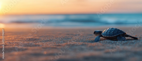 A baby turtle makes its way across the sandy beach toward the ocean as the sun sets, creating a serene and beautiful coastal scene. photo