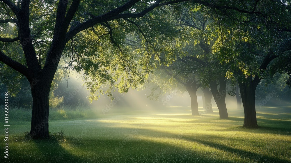 Fototapeta premium As the first light of morning breaks through the trees, the grass is covered in a layer of dew.