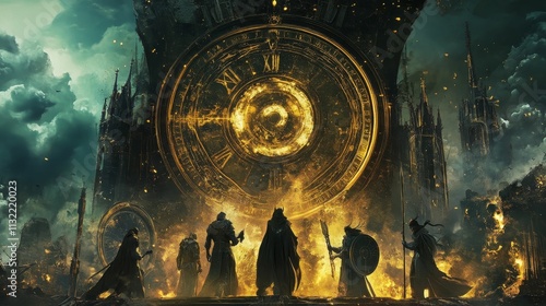 Figures approach fiery, clock-tower ruin.