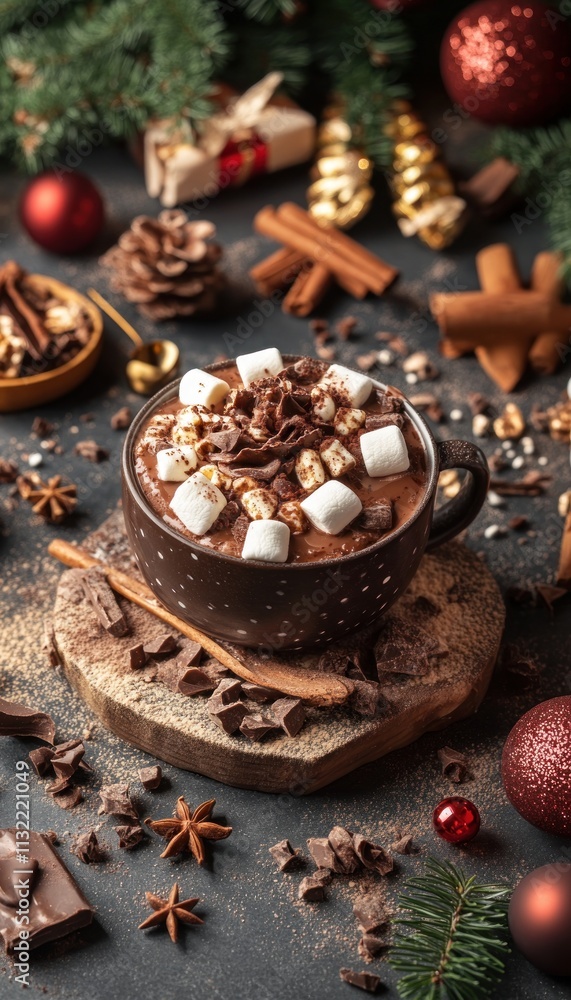Fototapeta premium A cozy cup of hot chocolate topped with marshmallows and surrounded by festive decorations.