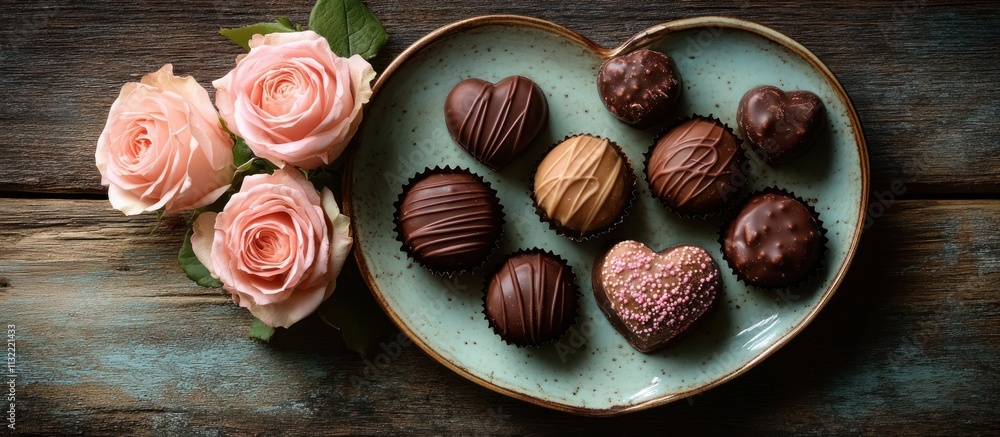 Fototapeta premium Assorted chocolates arranged on a heart-shaped plate with roses.