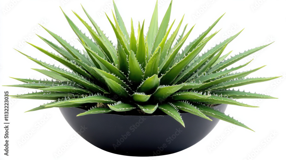 Fototapeta premium Lush Green Aloe Vera Plant in a Sleek Black Bowl, Perfect for Home Decor and Natural Touch in Interior Spaces, Ideal Indoor Plant for Wellness and Aesthetic Appeal