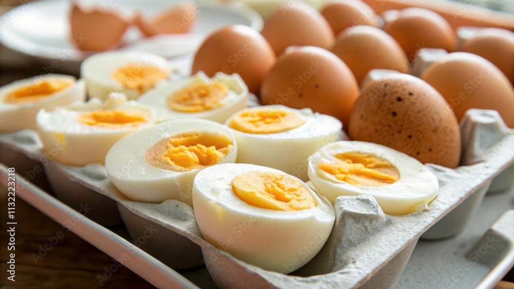 Boiled eggs cut in half. Food ideal for breakfast and healthy eating. Boiled eggs cut in half. Food ideal for breakfast and healthy eating.