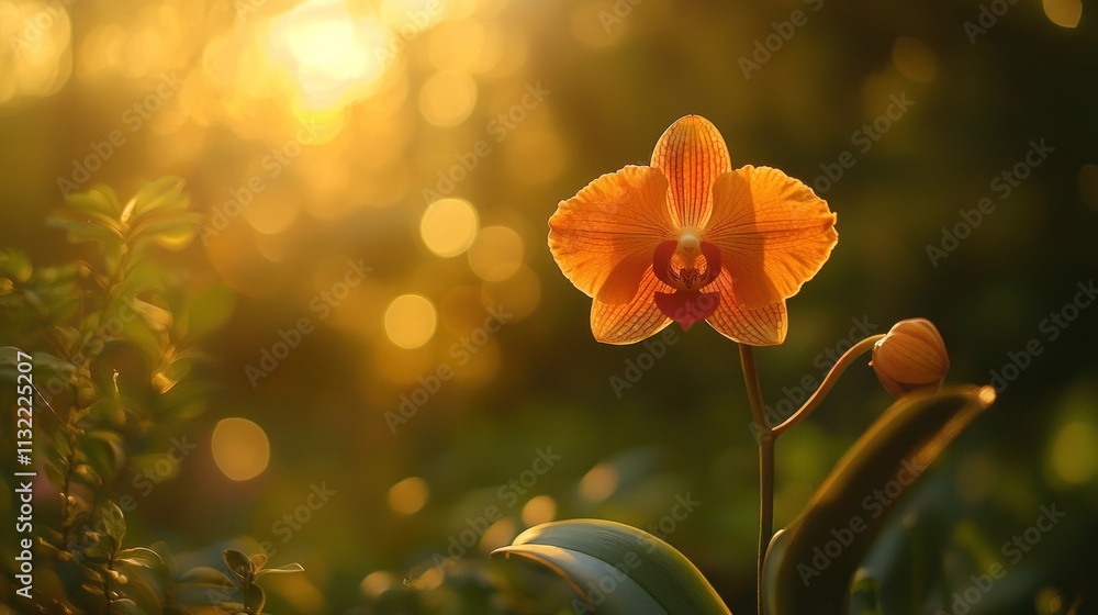 Obraz premium Exotic Rare Orchid Bathed in Golden Light,Captures a tropical orchid in bloom, emphasizing its vibrant colors and fragile petals amidst natural greenery.