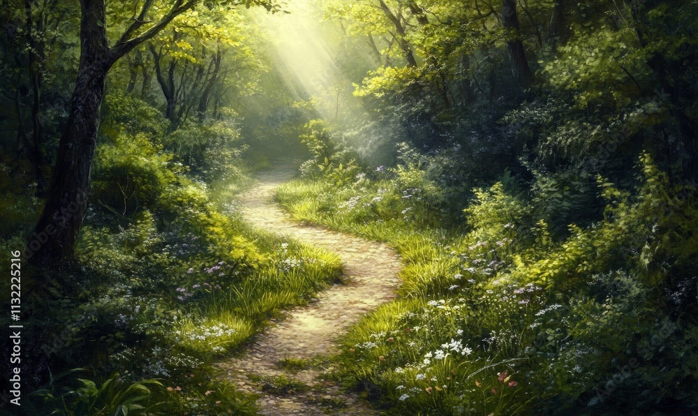 Fototapeta premium Sunlit path winds through lush, flowering forest.