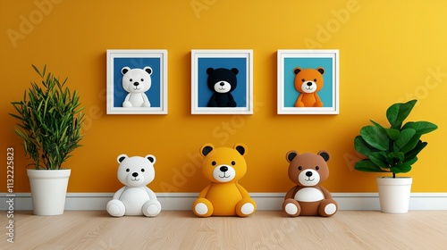 Charming Display of Colorful Plush Bears with Blue and White Framed Art Against Bright Yellow Wall, Perfect for Kid's Room or Nursery Decor Inspiration