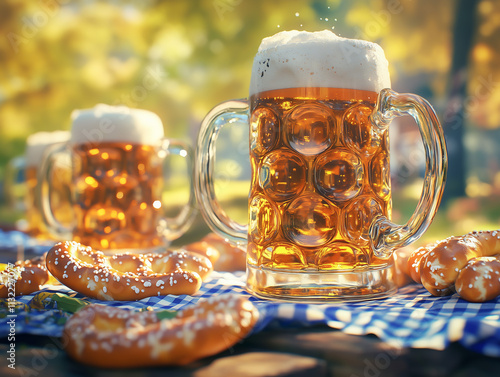 Traditional Bavarian beer steins on an outdoor table, surrounded by pretzels, glowing golden under afternoon light. photo