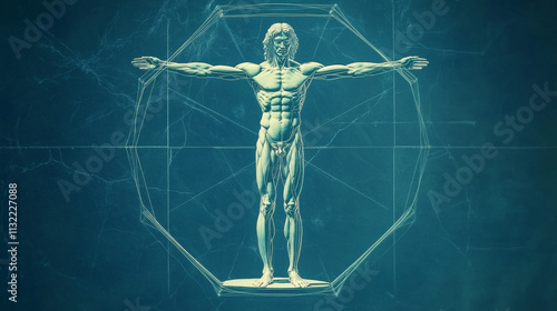 Vitruvian man hexagon blue background concept like Leonard Da Vinci s anatomy illustration photo