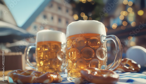 Beautiful beer steins filled with frothy beer, placed outdoors with a hint of bokeh in the background for a festive feel. photo