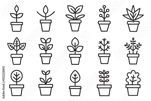  Plant thriving in a pot, symbolizing growth and vitality related editable stroke outline icon set isolated flat vector illustration white background.