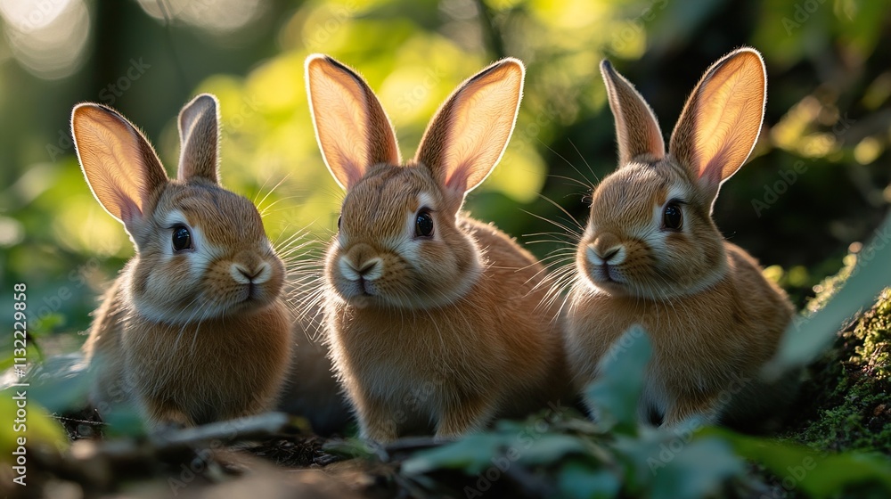 Fototapeta premium Three Adorable Wild Rabbits in a Lush Forest Setting