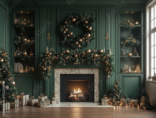 Wallpaper Mural A cozy holiday living room featuring a decorated fireplace, lush green walls, Christmas trees, and beautifully wrapped gifts. Torontodigital.ca