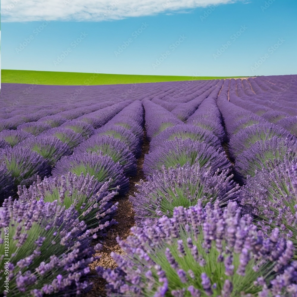 Obraz premium A vibrant field of lavender in full bloom, stretching across the horizon. The soft purple flowers contrast against the clear sky and green landscape.