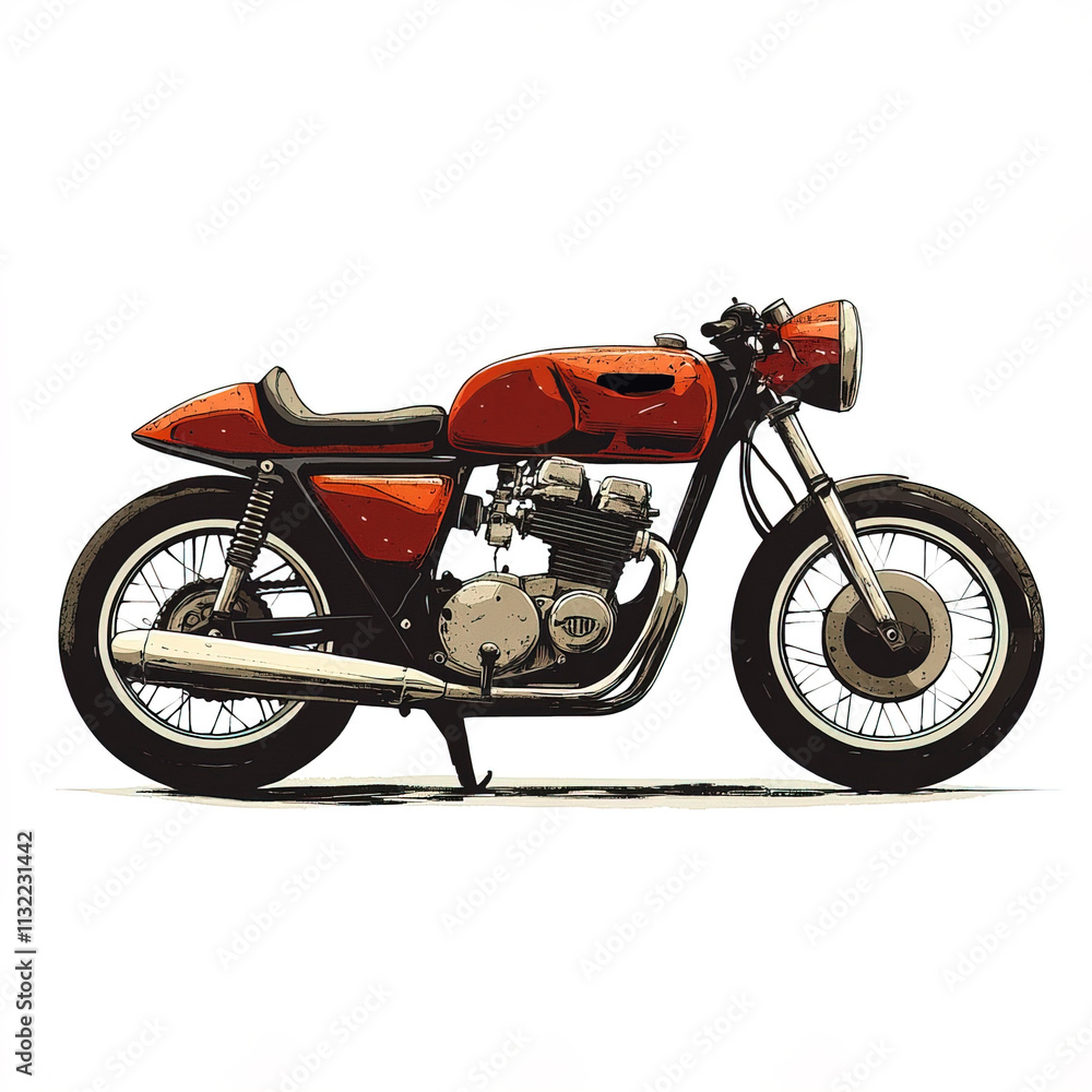 Fototapeta premium a vintage motorcycle, retro cafe racer style, hand-drawn illustration, earthy tones, isolated on white background 