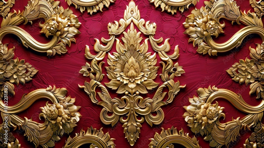 Fototapeta premium Intricate Golden Floral Pattern on Vibrant Red Background, Rich Decorative Elements and Textures for Elegant Design or Art Projects