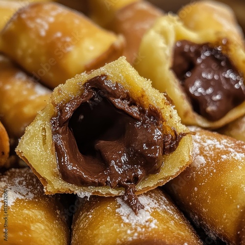 A batch of cromboloni filled with chocolate and visible melted filling peeking out.  photo