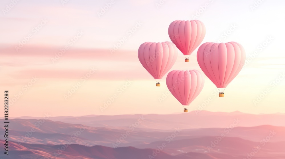 Fototapeta premium Four heart-shaped hot air balloons float above serene mountains during a pastel sunset, creating a romantic and whimsical atmosphere.