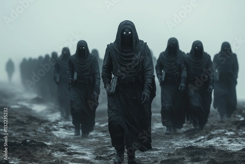 Hooded figures march, misty landscape, ominous scene. photo