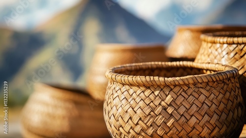 Handwoven Wicker Baskets Against Mountain Background photo