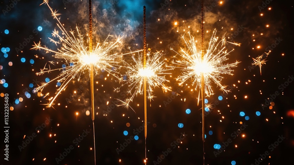Fototapeta premium A close-up of sparklers glowing brightly against a dark background, creating a festive atmosphere.