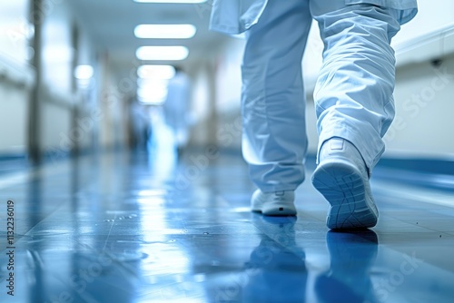 A Person in White Walking Down a Hospital Corridor photo