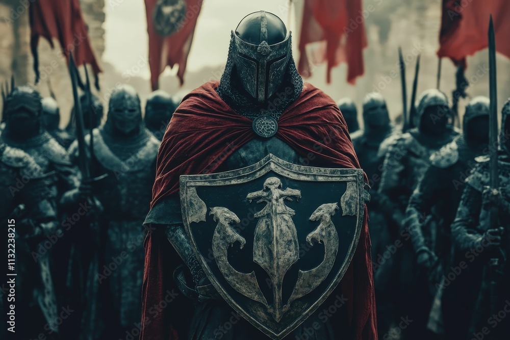 Fototapeta premium Medieval knight, red cloak, shield, army, battle.