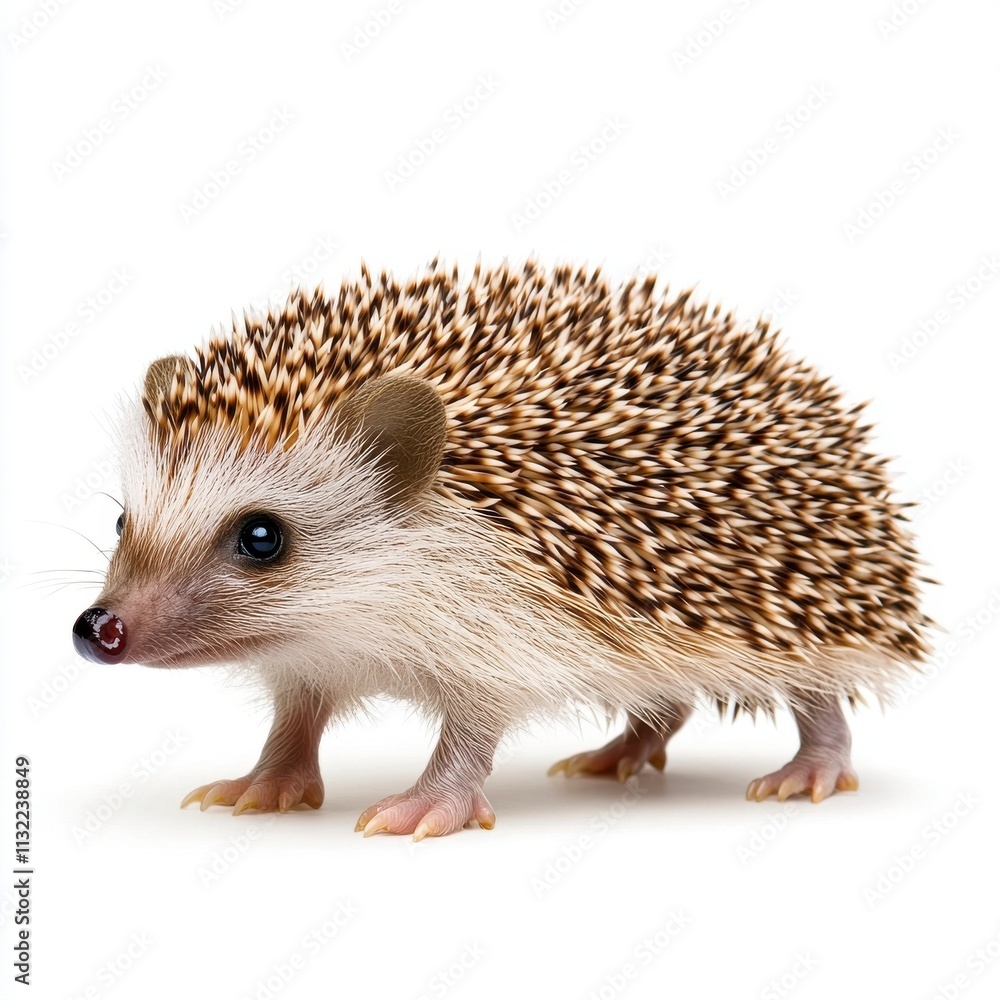 Obraz premium Adorable hedgehog on a clean background showcasing intricate quills and a curious expression, perfect for animal lovers and nature enthusiasts alike.